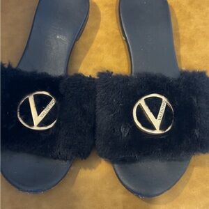 Valentino Black Fur Slippers with Gold Logo